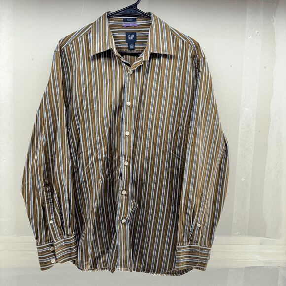 Vintage Gap Premium Fitted Mens Large 16-16.5 Brown Striped Long Sleeve Shirt - Picture 1 of 3